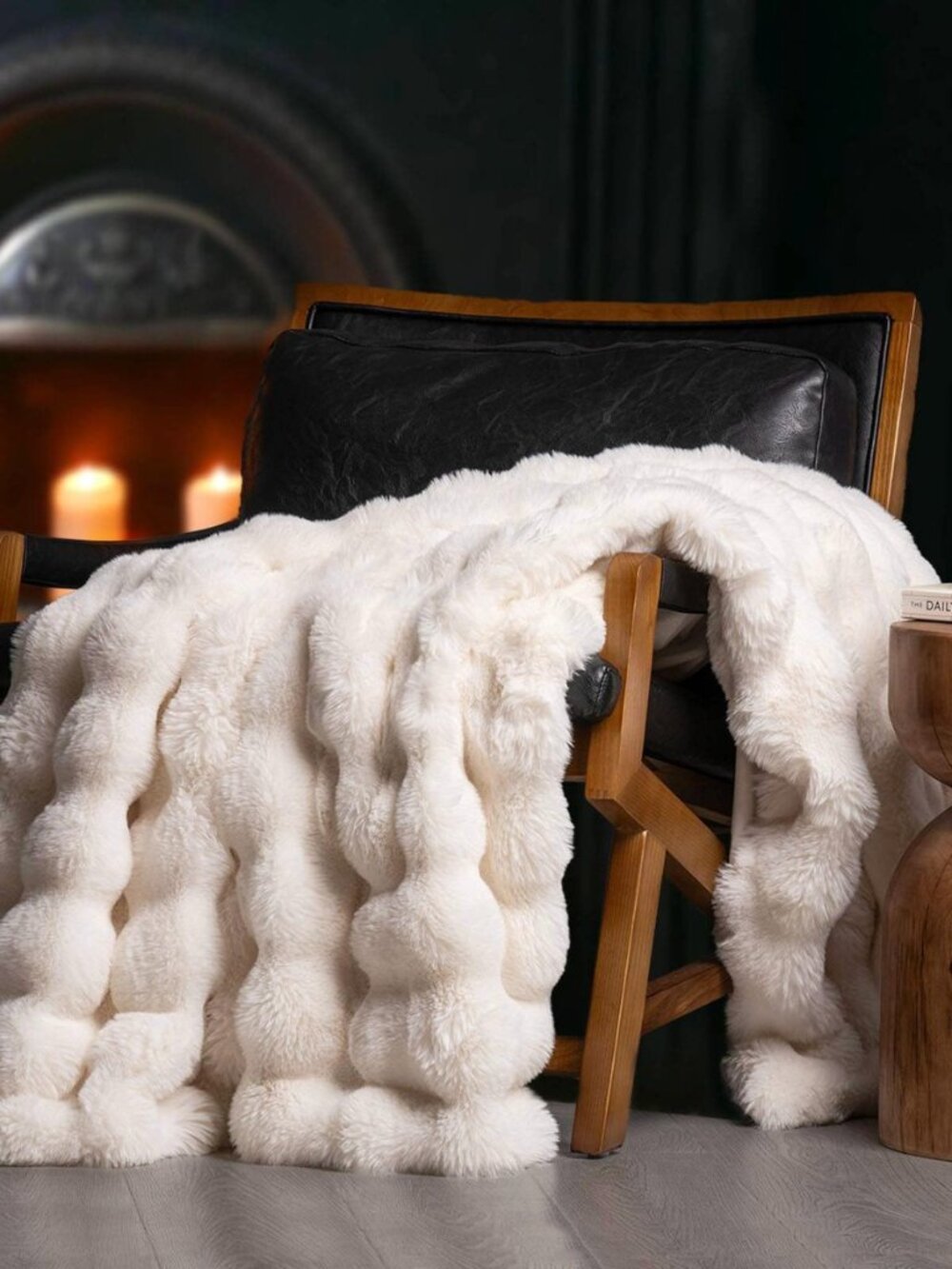 Faux Rabbit Fur Bubble Throw Blanket, 50"x60", Ivory White
